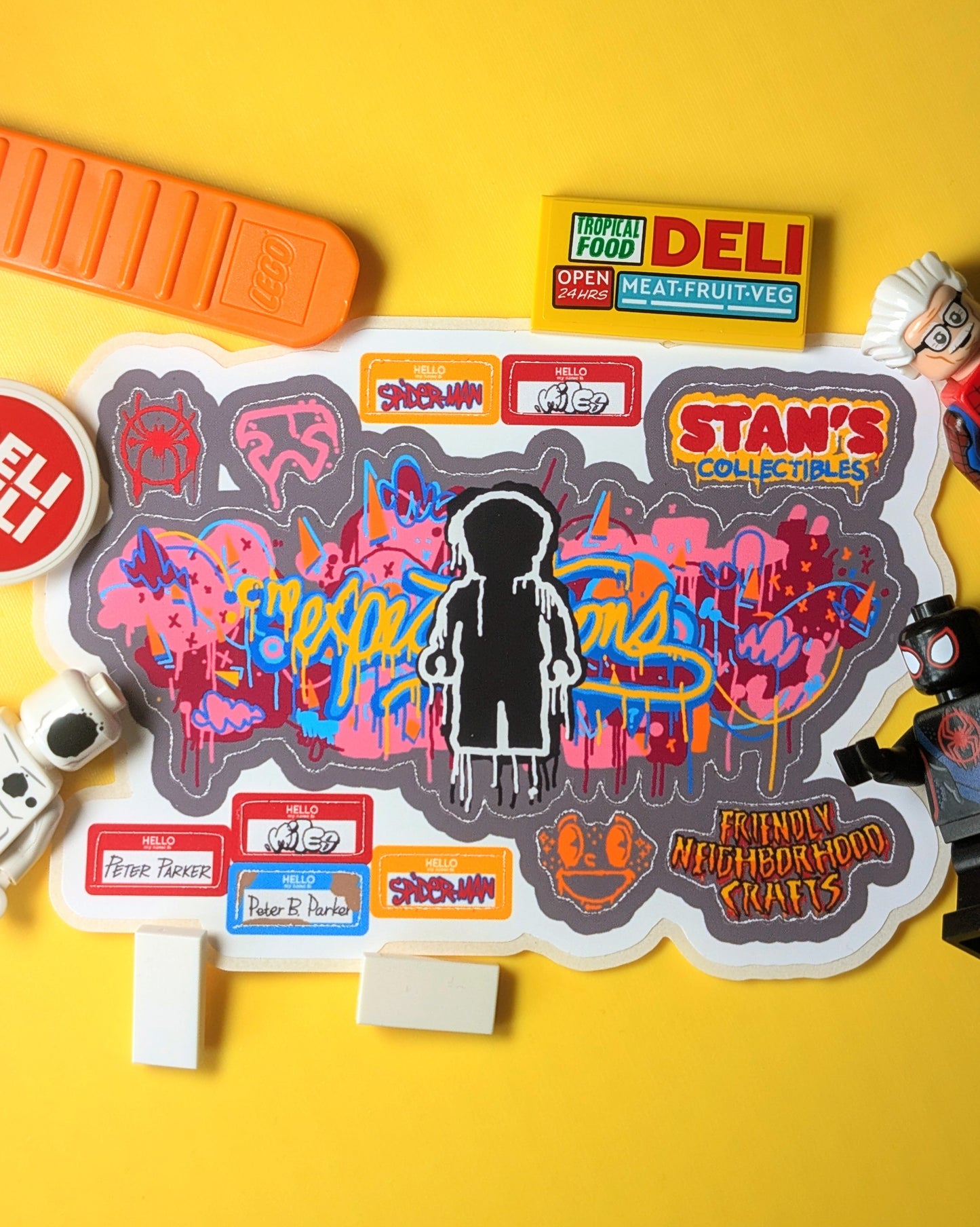 "NO EXPECTATIONS GRAFFITI" Custom Design Brick Stickers Animated Web-Shooter